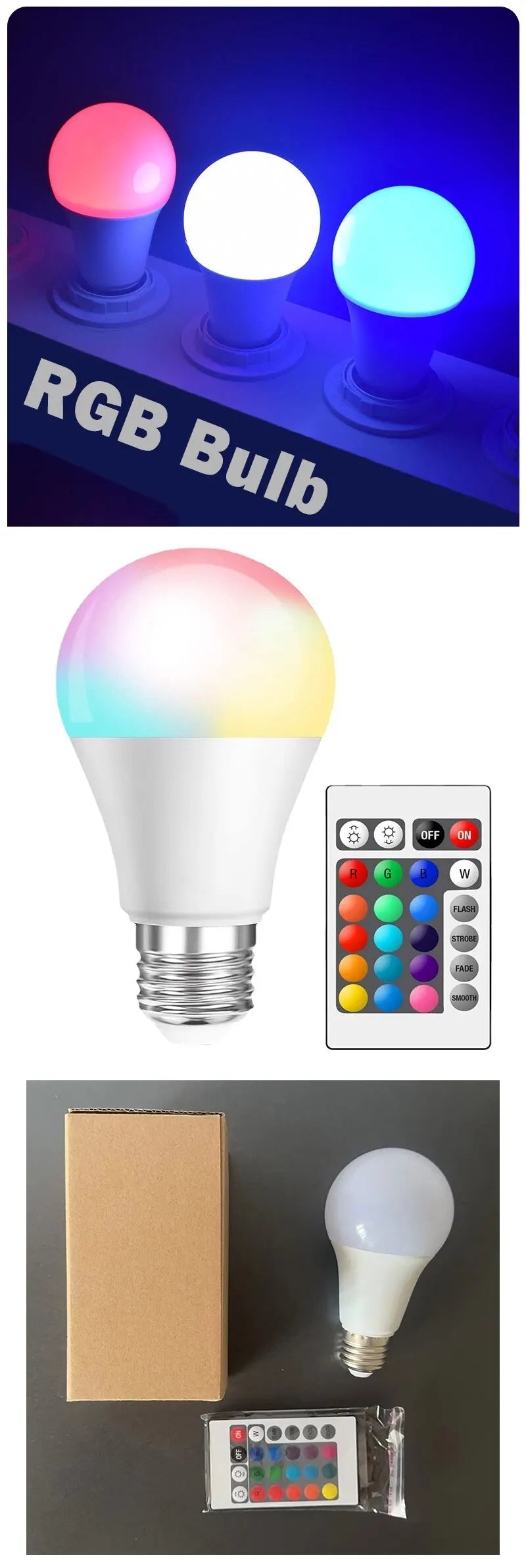 16 Color LED Multicolor Smart Light Bulb E27 220V Household Lighting Dimmable 24 Key Remote Control
