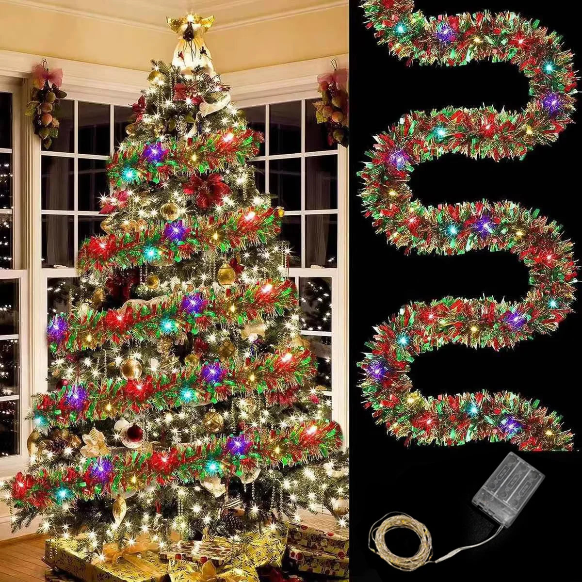 1pc Christmas Tinsel Garland Metallic Shiny Garland With LED Lights Christmas Tree Garland Thick Hanging Suitable For Home Decor