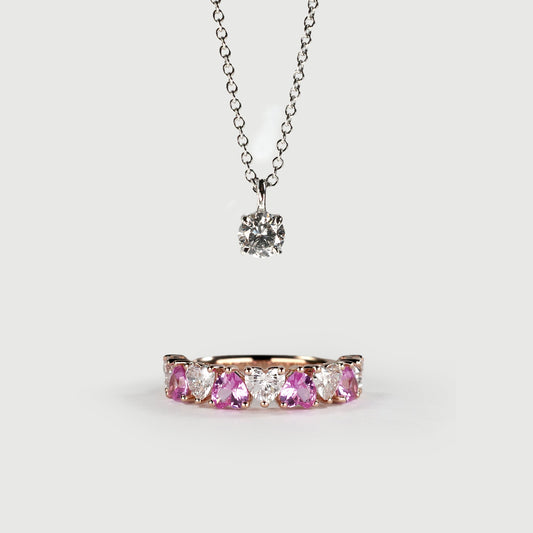 GIFT DUO - Pink Sapphire and Diamond Heart Eternity Ring - Half + Necklace 0.25ct